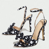 Purpdrank  Elegant Polka Dot Silk High Heel Sandals for Women with Fine Butterfly Knot College Style Gentle And Classy Footwear