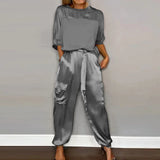 Purpdrank  Women Satin Two Piece Set Half Sleeve Top And Drawstring Waist Jogger Pants With Pockets Casual Office Lady Summer Outfit