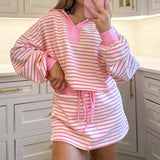 Purpdrank  Young Style Striped 2 Piece Outfits Preppy Autumn Long Sleeve Crop Sweatshirt Tops + Mini Skirt Matching Set Women Loungewear