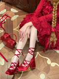 Purpdrank  Plus Size 43 Retro Red Lolita Ankle Wrap Pumps Sweet 5cm Med Square Heels Gothic Cosplay Ballet Mary Janes Shoes Women