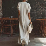 Purpdrank  Comfy Loose Fit Linen Cotton Maxi Dress Women Elegant V Neck Lace Trim Casual Dress Spring Summer Short Sleeve Pocket Boho Dress