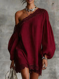Purpdrank  Casual Loose Long Sleeve Mini Dress Women Summer Fashion One Shoulder Pink Lace Short Dresses Elegant