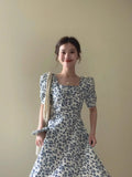 Purpdrank  French Print Dress Women's Summer Waist Square Neck Dress