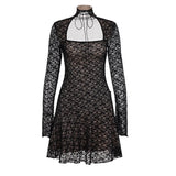 Purpdrank  Elegant Fashion Sexy Lace A-Line Dress See Through Dark Bandage Backless Square Collar Long Sleeve Mini Dresses For Women