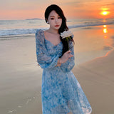 Purpdrank  Summer French Style Puff Sleeve V-Neck Backless Tie-Dye Printed Long Sleeve Puff Ball Holiday Dress for Women