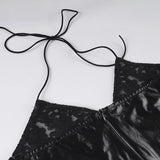 Purpdrank  Sexy Slim Lace Halter Dress See Through Patchwork Pu Leather V-Neck Sleeveless Mini Dresses For Women Summer Party Clubwear Lady