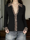 Purpdrank  Y2k Sexy Leopard Print Patchwork Long Sleeve Streetwear Zipper Slim Knitted Cardigan