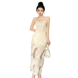 Purpdrank  Shimmering Fairy Design French Style White Textured Patchwork Jacquard Long Slip Dress
