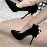 Purpdrank  New Banquet Bow Pointy Temperament Beautiful High Heels Black with Skirt Fashion Light Mouth Single Shoes