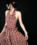 Purpdrank  Vintage Plaid Long Dress Women Vacation Beach Sexy Halter Floral Maxi Dresses Summer Korean Backless Bodycon Vestidos New