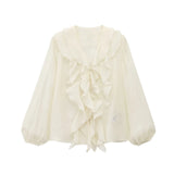 Purpdrank  Women's Long - sleeved V - neck Ruffled Blouse with Puffy Sleeves and Delicate Button - up Detail for a Charming Look
