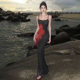 Purpdrank  Pure Desire Sexy Black Printed Strap Dress for Women Summer Dress Waist-Cinching Slim Fit Bodycon Long Dress