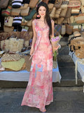 Purpdrank  Vintage Floral Printed French Sleeveless Fairy Dress Holiday Beach Female Lace-up Boho Dress Casual Street Ruffles Party Dress