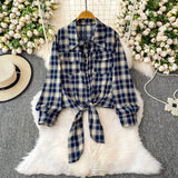 Purpdrank  Retro Hong Kong Sle Plaid Long Sve irt Women's ort Length Turn-down Collar Slimming Waist Tie Top for Autumn 2025
