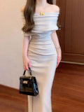 Purpdrank  French Slanted Shoulder, Off-shoulder, Swung Collar, Mid-length, Irregular Waist, Hip-hugging Pleated Dress, New Summer Style
