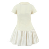 Purpdrank  CHIC Beige Polo Collar Bow Lapel V Waffle Knitted Short Sleeve Dress Women Slim Waist Spliced BUD Swing Short Dresses Robe