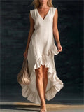Purpdrank  Elegant Cotton Sleeveless Long Dresses For Women  Summer Solid Color V-neck  Party Maxi Dress Casual