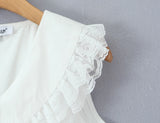 Purpdrank  Sweet White Spliced Lace open Buttons Peter Pan Collar Mini Sleeveless Dress Women Wood ears Hem Loose Straight Short Vestidos