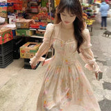 Purpdrank  Floral Print Summer New Women's Dress Gentle Square Collar Pleated Waist Slimming Bubble Sleeve Dresses Fashionable Casual