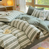Purpdrank  Class A 100% Cotton Striped Bedding Sets Yarn Dyed Washed Cotton Breathable Duvet Cover Kit Single Bedclothes for All Seasons