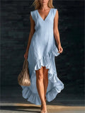 Purpdrank  Elegant Cotton Sleeveless Long Dresses For Women  Summer Solid Color V-neck  Party Maxi Dress Casual