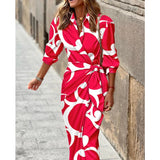 Purpdrank  Fashion Elegant Printed Casual Women Dress Lapel Slim Lace-up Waist Party Shirt Dresses Streetwear Office Long Sleeve Clothing