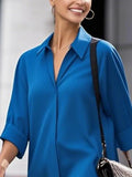 Purpdrank  Office Lady Commute Blue Lapel Shirt Dress New Solid Color Loose Urban Simple Casual Elegant Midi Dresses For Women