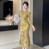 Purpdrank  Sexy Long Sleeve Lace Cheongsam Dress Waist Cinched Maxi Skirt for Women Southeast Asia Cross Border Elegant Commute Style