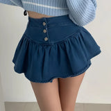 Purpdrank  Summer Women's Denim Short Skirts 2025 New Blue Washed High Waist Pleated Buttons Ruffles Jeans Shorts for Women