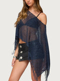 Purpdrank  Summer Slant Neck Batwing Sleeve Loose Women's Top Sexy Hollow Holiday Irregular T-shirt Tassel Splicing Solid Knitted Cover Up