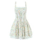 Purpdrank  Princess Floral Print Front Cross Lacing Up Ruched Elastic Low Waist Sling Dress Women Swing A-lined Mini Tank Dresses Robe