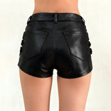 Purpdrank  Dark Pu Leather Shorts Gothic Multi-Strap Buckle Eyelet Detail Low-Waisted Shorts Punk Style Streetwear Party Bottoms Women