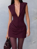 Purpdrank  Elegant Sleeveless Bodycon Dress for Women Fashion Solid Deep V Neck Shoulder Padded Slim Ruched Office Date Night Outfit