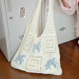 Purpdrank  Casual Cartoon Turtle Knitting Shoulder Bag Hollow Large Capacity Beach Bag Knitted Beige Brown Underarm Bag Vacation
