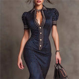 Purpdrank  Women's Striped Mermaid Maxi Dress Lapel Collar Short Sleeve Button Slim Fit High Waist Ruffle Elegant Office Party Long Dresses