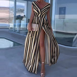 Purpdrank  Fashion Striped Printed Temperament Dress Sexy V-neck Split Hight Waist Slim Long Dress Women's Elegant Sleeveless Party Dresses