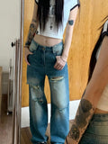 Purpdrank  Retro ripped jeans women summer American style high street straight leg pants design sense high waisted floor length pants