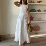 Purpdrank  Casual Spring Loose O Neck Lace Appliques Bandage Sleeveless Hollow Out Beach Vacation Long Dress Summer Party Dress for Women