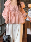Purpdrank  Chic Autumn New Sle Women's irt Sweet Personali Square Collar Pleated Design Slimming Long Sve with Lace Hem