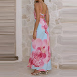 Purpdrank  Summer Backless Women's Commute Maxi Dress Fashion V-neck Floral Printed Halter Dress Sexy Sleeveless Fit Pleated Vacation Dress