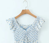 Purpdrank  Sexy White Blue Flower Print Ruffle Strap Mini Dress V neck Ruched Elastic Chest Corset Sleeveless Short Tank Robe Holiday Woman