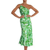 Purpdrank  Elegant Oblique Shoulder Pleated Floral Print Spaghetti Dresses For Women Sexy Backless Strape Summer Midi Dress Vestidos