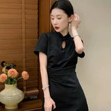 Purpdrank  New Chinese Style Waistband Slimming And Improved Qipao Summer Dress New Women Short Sleeve Long Patry Dress