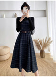 Purpdrank - High Quality Fall Winter Women Sweater Overalls Dress Sets Casual Knitted Tops +Plaid Woolen Dress 2 Piece Sets Outfits Female