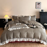 Purpdrank  Vintage Lace Ruffles Striped Plaid Floral Bedding Set Pure Cotton Double Layer Crinkle Yarn Duvet Cover Bed Sheet Pillowcases