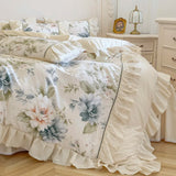 Purpdrank  Korean Princess Style 100% Cotton Bedding Set French Flowers Print Lace Ruffles Duvet Cover Bed Skirt Bedspread Pillowcases 4Pcs