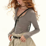 Purpdrank  Y2k Aesthetics Hollow Out Sexy Fairy T-shirt Autumn Harajuku Bodycon Button Tops Streetwear Knitted Patchwork Grunge Tees