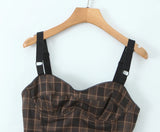 Purpdrank  Sexy Ruched Wire Bra Coffee Plaid Camis Women Spliced Black Mesh Waist Back Zipper Crop Top Camisoles Bra Tank Vest