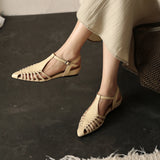 Purpdrank   Summer Women Sandals Genuine Leather Shoes for Women Pointed Toe Chunky Heel Shoes Elegant Cover Toe Slingback Hollow Sandals