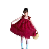 Purpdrank  Sweet Layered Red Fluffy Dress Women's 2025 Summer Girlish Dress with Suspenders